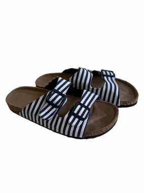 Tidewater Nautical Navy Blue White Striped Buckle Strapped Slide On Sandals 7.5